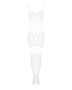 Obsessive - Gestrickter Bodystocking G330 I Dessous Für Frauen I Mit Offenem Schritt I Sinnlicher Schnitt I Mit Aussparungen An Bauch, Rücken Und Oberschenkeln I Weiß - S-M-L von Obsessive