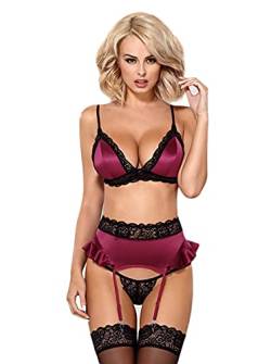 Obsessive traumhaftes Dessous-Set aus schickem BH, verführerischem Strapsgürtel und charmantem String in toller Geschenkbox (S/M, Magenta) von Obsessive