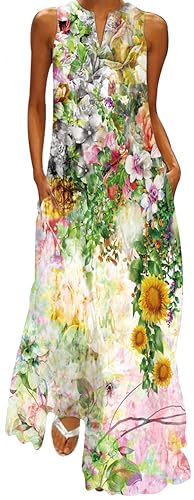 Ocean Plus Damen Ärmelloser Langer Rock V-Ausschnitt Bedrucktes Blumenkleid Ärmelloses Maxikleid mit V-Ausschnitt (XL, Sonnenblumen in Aquarellmalerei) von Ocean Plus