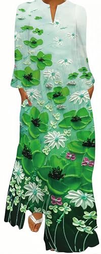 Ocean Plus Damen Frühlings- und Sommerkleid mit Langem Rock V-Ausschnitt Langen Ärmeln mit Taschen und Lockerem Blumendruck (5XL, Ölgemälde von grünen Blumen) von Ocean Plus