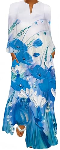 Ocean Plus Damen Frühlings- und Sommerkleid mit Langem Rock V-Ausschnitt Langen Ärmeln mit Taschen und Lockerem Blumendruck (L, Ölgemälde mit hellblauer Blumen) von Ocean Plus