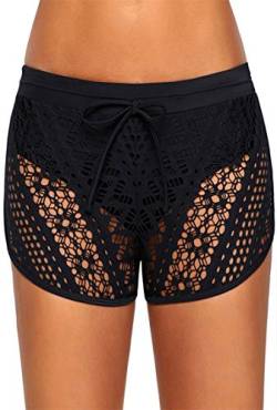 Ocean Plus Damen Häkel Spitze Elegante Badeshorts mit Innenslip Schwimmshorts Bikinihose Übergröße Hotpants Boxer Schwimmshorts Beachshorts (XL (EU 40-42), A-Schwarz) von Ocean Plus