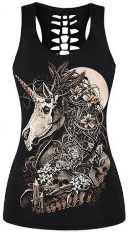 Ocean Plus Damen Schädel Sport Tops Gothic Tank Top Ärmellos Workout Weste Criss Cross Hemd Halloween Schnelltrocknendes Laufshirt (S (Brustumfang: 80 cm), Einhorn Schädel 2) von Ocean Plus