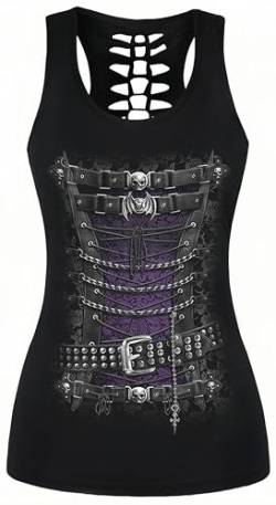 Ocean Plus Damen Schädel Sport Tops Gothic Tank Top Ärmellos Workout Weste Criss Cross Hemd Halloween Schnelltrocknendes Laufshirt (S (Brustumfang: 80 cm), Punk Korsett) von Ocean Plus