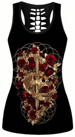 Ocean Plus Damen Schädel Sport Tops Gothic Tank Top Ärmellos Workout Weste Criss Cross Hemd Halloween Schnelltrocknendes Laufshirt (XL (Brustumfang: 98 cm), Rote Rosen und goldene Totenkopf) von Ocean Plus