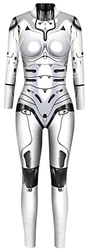 Ocean Plus Damen Slim Fit Maschinenrüstung Halloween Jumpsuit Bodysuit mit Skelett Digitaldruck Schmaler Langarm Overall (XL, Weißer Mech) von Ocean Plus