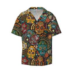 OdDdot Sugar Skulls Print Herren Button-Down-Shirt Kurzarm Freizeithemd für Männer Sommer Business Casual Dress Shirt, Schwarz , M von OdDdot