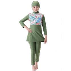 Badeanzug Mädchen Kinder Burkini Muslim Muslimische Full Cover Schwimmanzug Islamisch Arabisch Jilbab Top Shorts Hijab Wassersport Surfen Outfit Ganzkörper Modest Bademode Grün Langarm 4-5 Jahre von Odizli