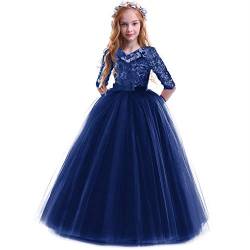 Blumenmädchenkleider Prinzessin Kleid Mädchen Kinder 3/4 Ärmel Spitze Tüllkleid Festliches Hochzeit Brautjungfer Erstkommunion Geburtstag Partykleid Langes Abendkleid Ballkleid Navy Blau 13–14 Jahre von Odizli