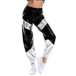 Damen Metallic Hose Glitzer Wetlook Cargohose Sporthose 80er 90er Jahre Kleidung Outfit Hologramm Hip Hop Leggings Jogginghose Sweathose Tanzhosen Party Disco Festival Rave Clubwear Schwarz Silber M von Odizli