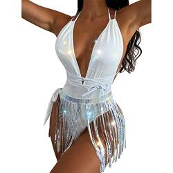 Festival Outfit Damen Rave Sexy Glitzer Pailletten Oberteil Crop Top+Bauchtanz Skater Fransen Rock 90er Jahre Minirock Burning Halloween Karneval Alien Party Kleidung Winx Club Kostüm Weiß S von Odizli