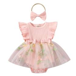 Odizli 1 Geburtstag Mädchen Outfit Kurzarm Strampler Kleid Blume Stickerei Tüllkleid+Stirnband Sommer Babykleidung Neugeborene Erstausstattung Babysachen Set Baby Fotoshooting Rosa 12-18 Monate von Odizli