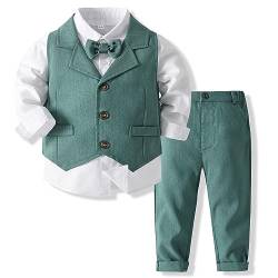 Odizli Anzug Kinder Jungen Festlich Hochzeit Einschulung Kleidung Set Gentleman Langarm Hemd + Weste + Hose + Fliege 4tlg Outfit Geburtstag Taufkleidung Herbst Winter Kinderanzüge Grün 5-6 Jahre von Odizli