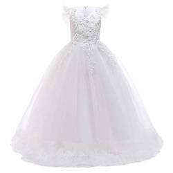 Odizli Blumenmädchenkleid Prinzessin Kleid Mädchen Kinder Party Boho Tüllkleid Erstkommunion Hochzeit Brautjungfer Puffy Langes Abendkleid Geburtstag Festliche Weihnachten Ballkleid Weiß 13-14 Jahre von Odizli