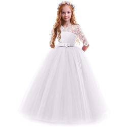 Odizli Blumenmädchenkleider Kinder Mädchen 3/4 Ärmel Spitze Tüllkleid Prinzessin Kleid Festlich Hochzeit Brautjungfer Erstkommunion Geburtstag Party Abendkleid Lang Ballkleid Weiß 13-14 Jahre von Odizli