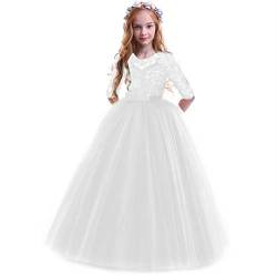 Odizli Blumenmädchenkleider Prinzessin Kleid Mädchen Kinder 3/4 Ärmel Spitze Tüllkleid Festliches Hochzeit Brautjungfer Erstkommunion Geburtstag Partykleid Langes Abendkleid Ballkleid Weiß 5–6 Jahre von Odizli