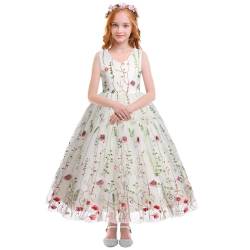 Odizli Blumenmädchenkleider Prinzessin Kleid Mädchen Kinder Ärmellos V-Ausschnitt Gestickte Tüllkleid Festliche Hochzeit Erstkommunion Kommunionkleid Geburtstag Lang Ballkleid Weiß 11-12 Jahre von Odizli