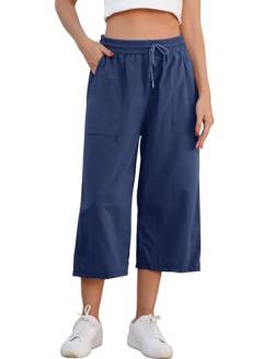 Odizli Caprihose Damen Sommer 3/4 Hose Elastisch High Waist 7/8 Leinenhose Baumwolle Leinen Stoffhose Leicht Bequeme Palazzo Weite Culottes Sommerhose Strandhose Freizeithose mit Taschen Dunkelblau XL von Odizli