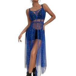 Odizli Festival Outfit Damen Rave Techno Sexy Transparent Mesh Glitzer Sterne Pailletten Gothic Rock Tüllrock Lang Kleid Teenager Mädchen Party Streetwear Clubwear Sommer Bikini Cover Up Blau#A S von Odizli