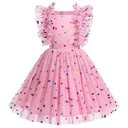 Odizli Festliches Kleid Mädchen Kinder Glitzer Pailletten Prinzessin A-Linie Tüllkleid Blumenmädchenkleider Hochzeit Party Kurz Ballkleid Einschulungs Sommerkleid Rosa Polka Dot 9-10 Jahre von Odizli