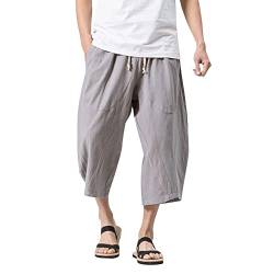 Odizli Leinenhose Herren 3/4 Hose Sommer Kordelzug Baumwolle Leinen Leichte Haremshose Yoga Urlaub Strand Freizeithose Sommerhose Stoffhose Schlupfhose Strandhose mit Taschen Grau XL von Odizli