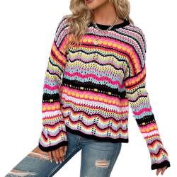 Odizli Netzoberteil Damen 2000er Y2K Kleidung Langarm Boho Bunte Strickpullover Netzshirt Crochet Top H�keltop Pullover Oberteil Teenager M�dchen Herbst Streetwear Festival Techno Outfit Schwarz M von Odizli