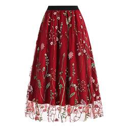 Odizli Tüllrock Damen Lang Faltenrock 50er Jahre Rockabilly Elegant Vintage Blume Gestickte Elastisch High Waist A Linie Swing Midirock Petticoat Röcke Frauen Festlich Plisseerock Rot Blume S von Odizli