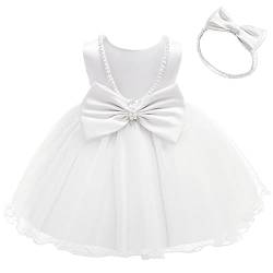 Taufkleid Baby Mädchen Kinder Ärmellos Satin Perlen Bowknot Prinzessin Tutu Tüllkleid Blumenmädchenkleider Hochzeit Brautjungfer Festlich 1. Geburtstag Party Abendkleid+Stirnband Weiß 4-5 Jahre von Odizli