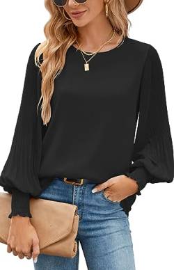 Damen Bluse Elegant Lässige Lose Tops Schwarz Einfarbig Herbst Oberteile Casual Mode Locker Doppellagig Langarmshirt Chiffon Hemdbluse Langarm Shirt Tunika Bekleidung von Odosalii