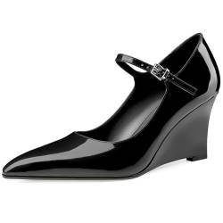 Oh Mispares Damen Keilabsatz Pumps Spitze Zehen Mary Jane High Heels Verstellbarer Riemen Elegant Geschlossene Zehe Hochzeit Braut Büro Kleid Schuhe 7,6 cm, Schwarz, 42.5 EU von Oh Mispares