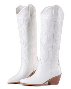 Ojiaoer Cowboystiefel für Damen, bestickt, kniehoch, Western-Cowboystiefel, bequem, modisch, spitzer Zehenbereich, breiter Absatz, Weiss/opulenter Garten, 41 EU von Ojiaoer