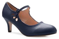 Olivia K Mary Jane Pumps für Damen, Kätzchen, niedriger Absatz, runder Zehenbereich, entzückende Vintage-Retro-Schuhe, einzigartiges Design mit seitlichem Ausschnitt, Blau (Blau Marineblau PU), 37 EU von Olivia K