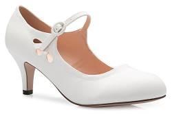 Olivia K Mary Jane Pumps für Damen, Kätzchen, niedriger Absatz, runder Zehenbereich, entzückende Vintage-Retro-Schuhe, einzigartiges Design mit seitlichem Ausschnitt, Weiß (Weiß - White Pu), 38 EU von Olivia K