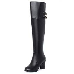 Onewus Damen Knie Hoch Stiefel mit Blockabsatz Reißverschluss Schuhe (Pu Schwarz, 44 EU) von Onewus