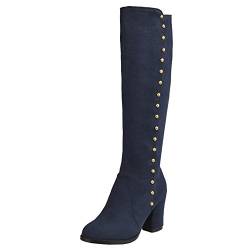 Onewus Damen Kniehohe Stiefel mit Blockabsatz und abgerundeter Spitze (Blau, 37 EU) von Onewus