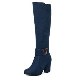 Onewus Damen Stiefel mit Blockabsatz Reißverschluss Langschaft Stiefel (Blau, 41 EU) von Onewus