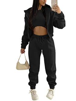 Onsoyours 3 Stücke Damen Sportanzüge Jogginganzug Sport Sets Yoga Outfit Freizeitanzug Sportswear Langarm Kapuzenjacke + Crop Top + Jogginghose mit Taschen Schwarz XL von Onsoyours