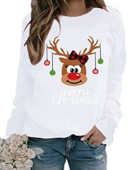 Onsoyours Damen Baumwolle Lange Ärmel Pullover Rudolph Rentier Elfe Weihnachtspullover Kapuzenpullover Weihnachts Xmas Pulli Shirt Christmas Sweatshirt Weiß L von Onsoyours