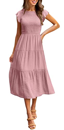 Onsoyours Damen Elegant Sommerkleider Lange Kleid Einfarbig Kurzarm Rundhals Hohe Taille Midikleid Partykleid A Rosa M von Onsoyours