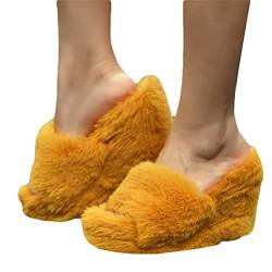 Onsoyours Damen Kunstfell Hausschuhe Offene Zehe Plüsch Keilabsatz Hausschuhe Flauschig Frühling Herbst Warme Slippers Indoor Pantoffe A Gelb 39 EU von Onsoyours