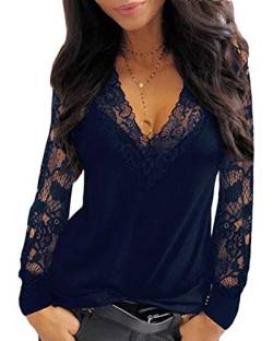 Onsoyours Damen Schulterfrei Spitze Langarm Casual Tops Bluse T-Shirt Frühling Große Größe Frauen Oberteile A Dunkelblau S von Onsoyours