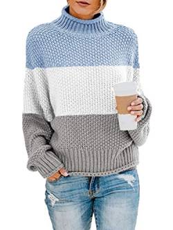 Onsoyours Damen Strickpullover Casual Herbst Winter Sweater Langarm Lose Pulli Jumper Sweatshirt Strickpulli Pullover Rollkragenpullover Streifenpullover D Blau 42 von Onsoyours