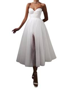 Onsoyours Damen Vintage Cocktailkleid aus Tüll Spaghetti Strap Einfarbig A Linie Kleid Abendkleid Elegant Partykleid Midi Ballkleid A Weiß S von Onsoyours