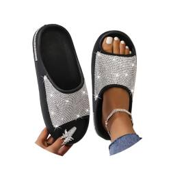 Onsoyours Hausschuhe Damen Glitzer Strassstein Slipper Cozy Slides Strand Pantoletten rutschfest Bequeme Dicke Sohle Sommer Sandals Flip Flops Freizeitschuhe A Schwarz 37 EU von Onsoyours