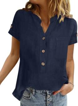 Onsoyours Tunika Damen Sommer Elegant Baumwolle Leinen Hemd Kurzarm Oberteile V-Ausschnitt Button-Down Blusen Casual Hemdbluse Damen Basic Revers Shirts Tunika Tops A Marine 3XL von Onsoyours