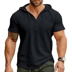 Ophestin Herren Kurzarm Kapuzenpulli Lässige T Shirts Mode Sportliche Hoodies Knopf Sweatshirt Schwarz XL von Ophestin