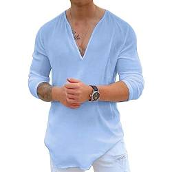 Ophestin Herren Leinen Hemd Langarm V-Ausschnitt Henley Sommerhemd Freizeithemd Männer Strand Yoga Top Blau L von Ophestin