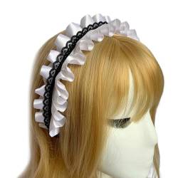 OralGos Mädchen-Haarband, gerüscht, Spitze, Perlen mit Schleife, Kopfschmuck, niedliches Dienstmädchen-Kopfschmuck, französisches Stirnband, Weiß von OralGos