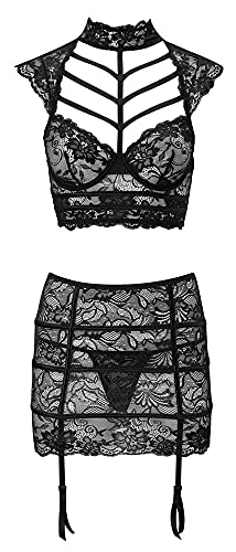 Orion BH und Rock Set - 3-teiliges Dessous-Set für Frauen, mit elegantem BH, String und Strapsrock, aus transparenten Spitzen-Details, schwarz (75B/S) von Orion