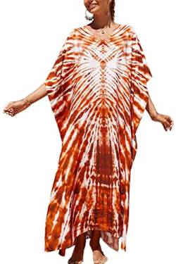 Orshoy Damen Strandkleid Sommer Strandponcho Badeanzug Bikini Cover Ups Sommerkleid Maxi Kaftan Kleid Boho Kleid Lang Strand Umhang Sleepwear A-Orange Rot von Orshoy